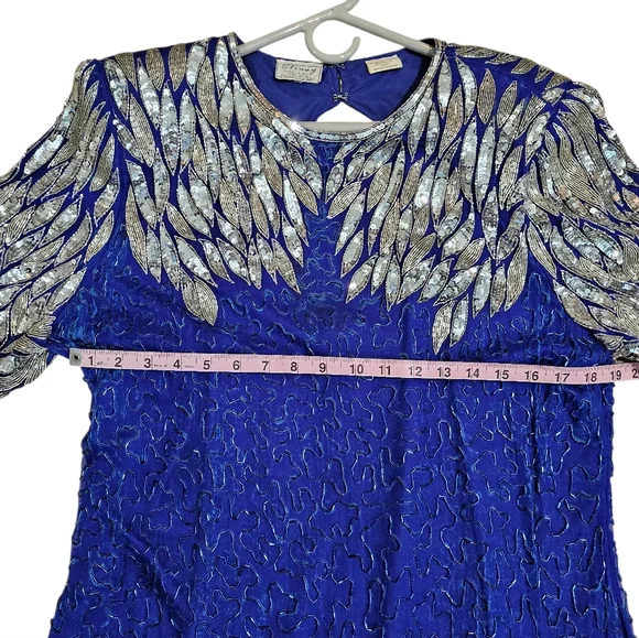 Vintage Stenay Beaded Evening Dress Large Blue Art Deco Silk Sequin 80s Luxury - Picture 6 of 6